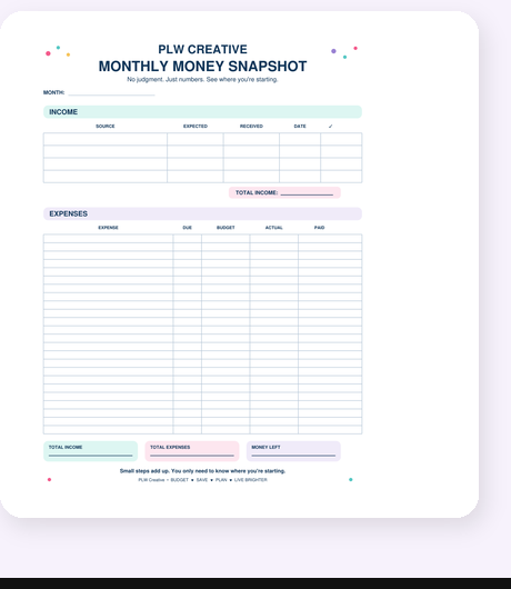 PLW Creative Monthly Money Snapshot printable